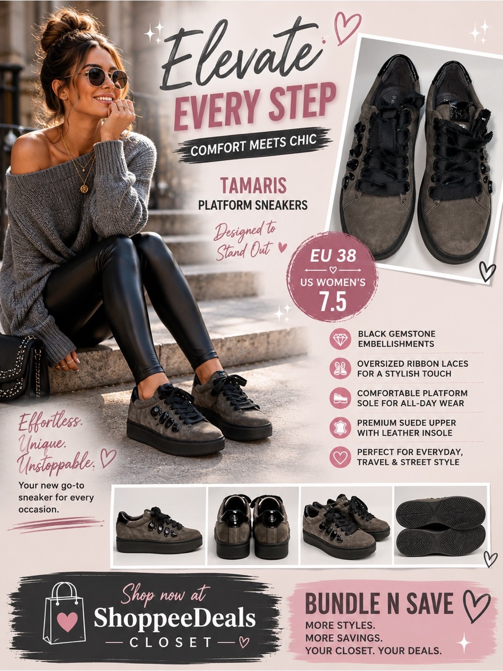 Tamaris Graphite Suede Platform Sneakers Gemstone Ribbon Laces EU 38 / US 7.5